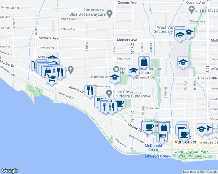 map of restaurants, bars, coffee shops, grocery stores, and more near 2220 Haywood Avenue in West Vancouver