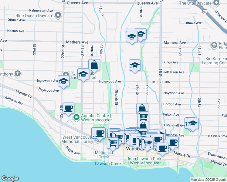 map of restaurants, bars, coffee shops, grocery stores, and more near in West Vancouver