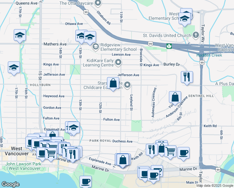 map of restaurants, bars, coffee shops, grocery stores, and more near 1115 Haywood Avenue in West Vancouver