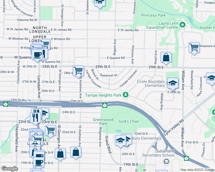 map of restaurants, bars, coffee shops, grocery stores, and more near 2715 Maitland Avenue in North Vancouver