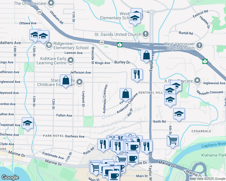map of restaurants, bars, coffee shops, grocery stores, and more near 835 Sentinel Drive in West Vancouver