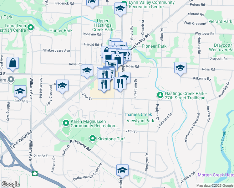 map of restaurants, bars, coffee shops, grocery stores, and more near 2758 Library Lane in North Vancouver