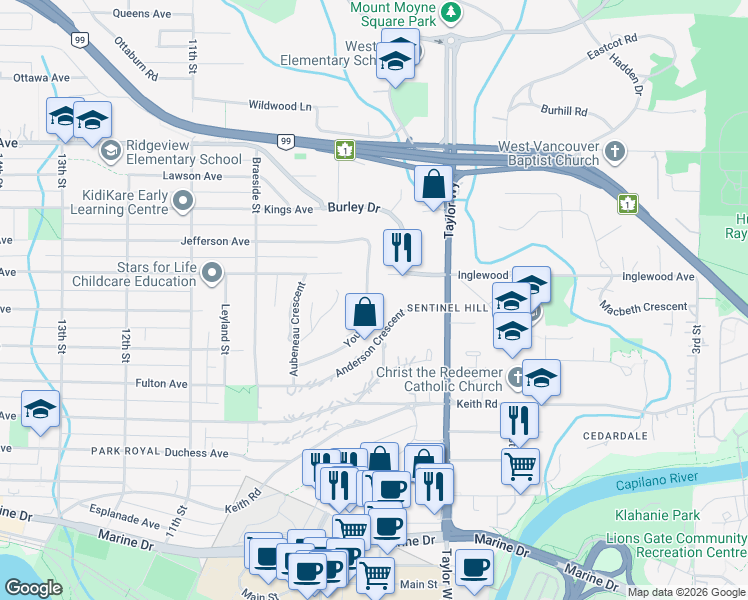 map of restaurants, bars, coffee shops, grocery stores, and more near 818 Younette Drive in West Vancouver