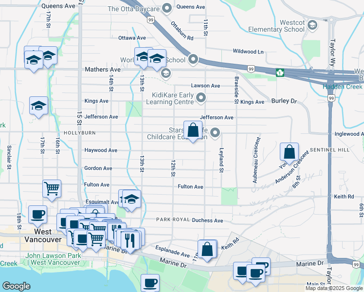 map of restaurants, bars, coffee shops, grocery stores, and more near 1175 Haywood Avenue in West Vancouver