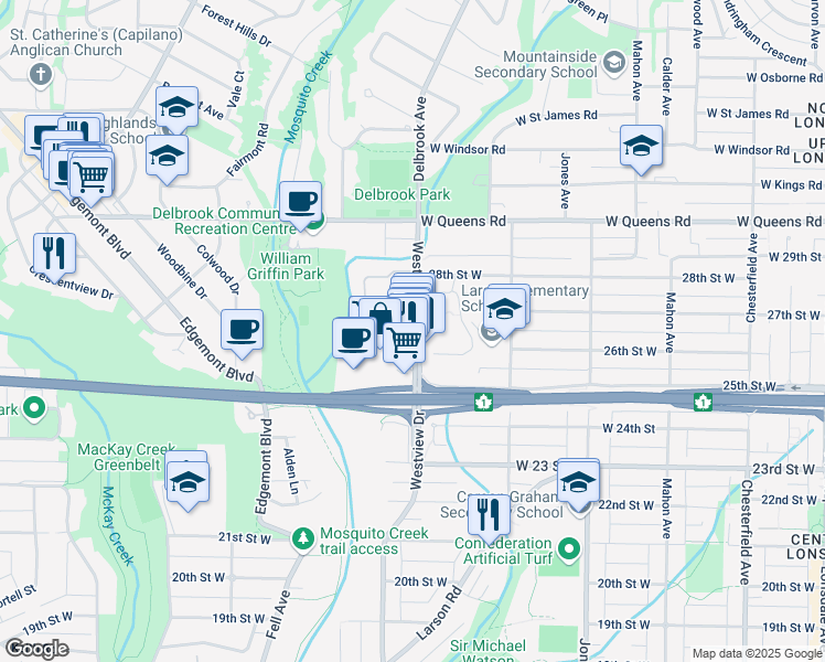 map of restaurants, bars, coffee shops, grocery stores, and more near 2645 Westview Drive in North Vancouver