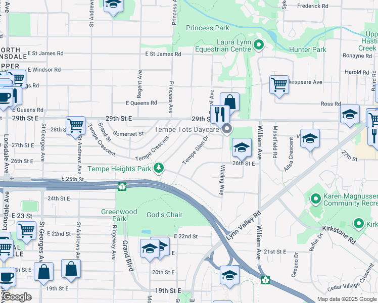 map of restaurants, bars, coffee shops, grocery stores, and more near 2733 Tempe Glen Drive in North Vancouver
