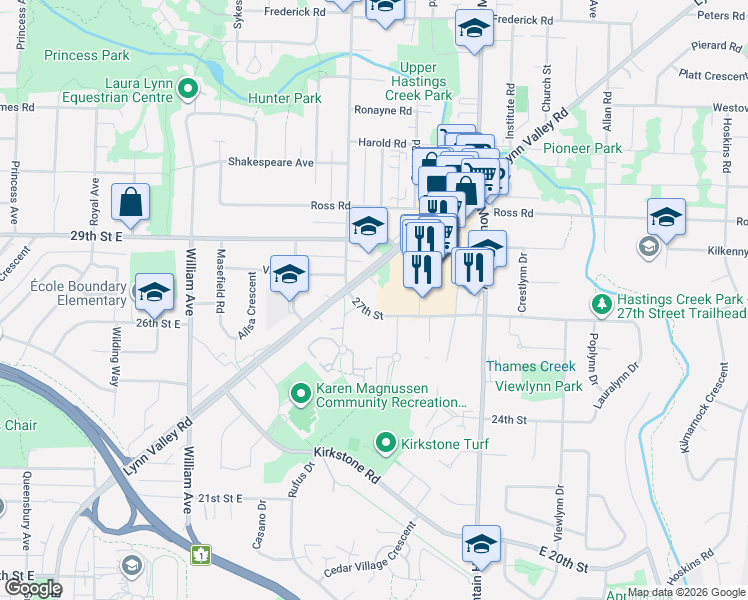 map of restaurants, bars, coffee shops, grocery stores, and more near 1110 27th Street in North Vancouver