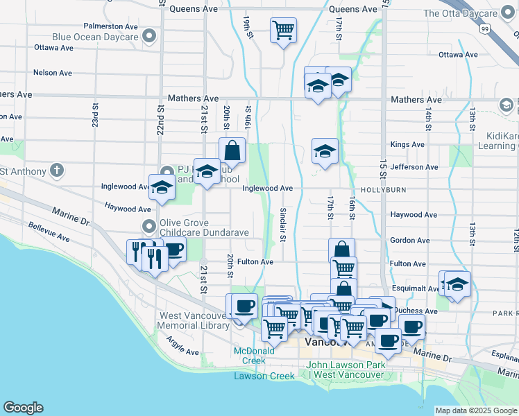 map of restaurants, bars, coffee shops, grocery stores, and more near 990 Sherwood Lane in West Vancouver