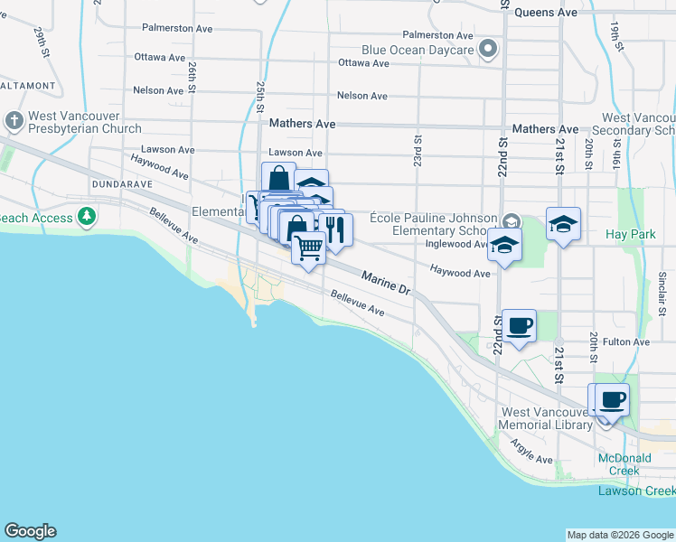 map of restaurants, bars, coffee shops, grocery stores, and more near 2380 Marine Drive in West Vancouver