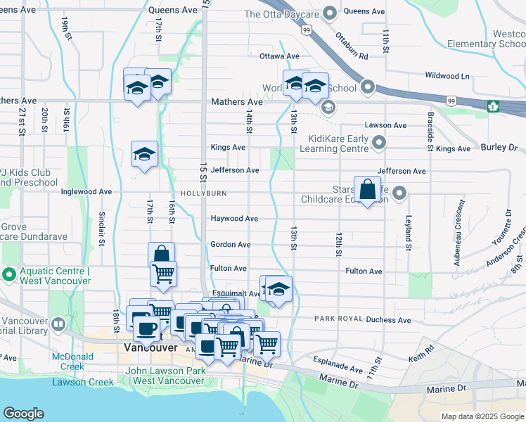 map of restaurants, bars, coffee shops, grocery stores, and more near 1373 Haywood Avenue in West Vancouver