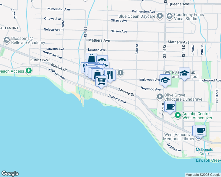 map of restaurants, bars, coffee shops, grocery stores, and more near 2380 Marine Drive in West Vancouver