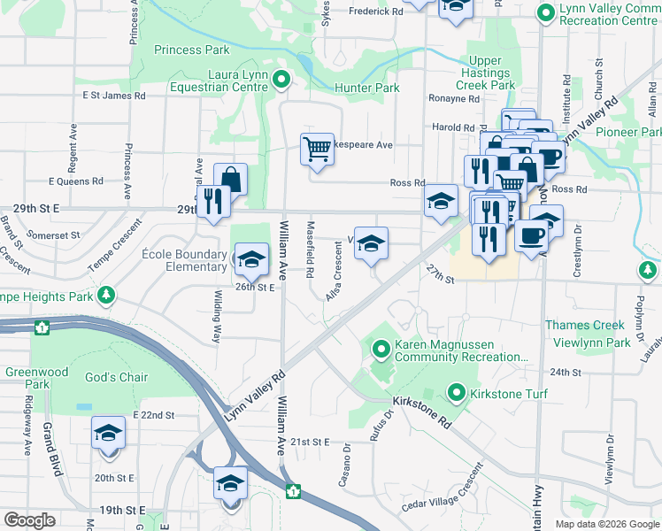 map of restaurants, bars, coffee shops, grocery stores, and more near 2685 Ailsa Crescent in North Vancouver