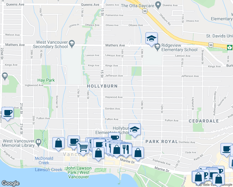 map of restaurants, bars, coffee shops, grocery stores, and more near 1425 Haywood Avenue in West Vancouver