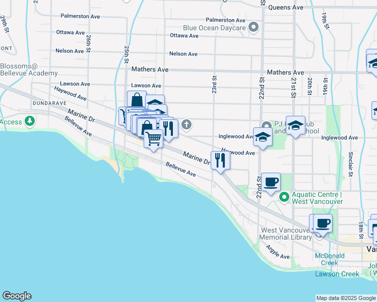map of restaurants, bars, coffee shops, grocery stores, and more near 2349 Marine Drive in West Vancouver