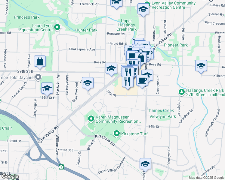 map of restaurants, bars, coffee shops, grocery stores, and more near 1110 27th Street in North Vancouver