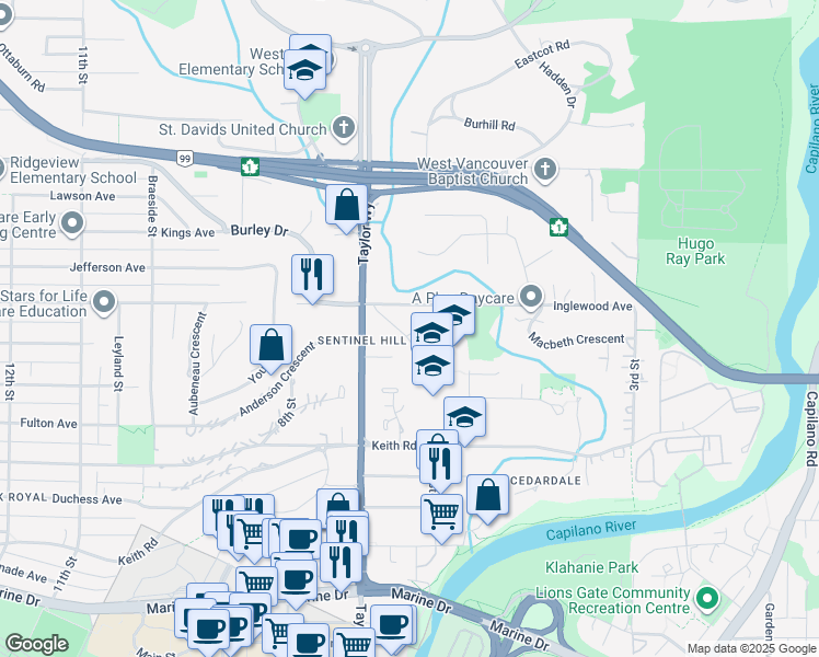 map of restaurants, bars, coffee shops, grocery stores, and more near 675 Burley Drive in West Vancouver