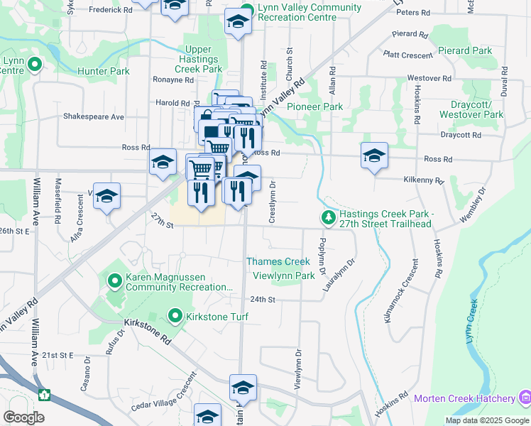 map of restaurants, bars, coffee shops, grocery stores, and more near 2747 Crestlynn Drive in North Vancouver