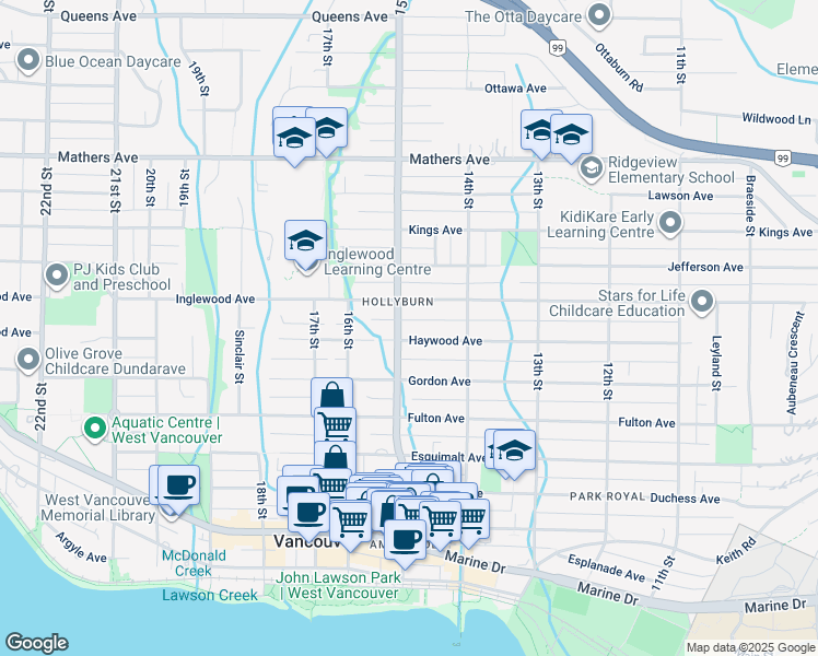 map of restaurants, bars, coffee shops, grocery stores, and more near 1489 Haywood Avenue in West Vancouver