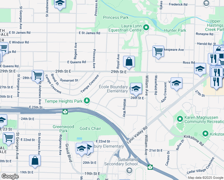 map of restaurants, bars, coffee shops, grocery stores, and more near 2806 Munday Place in North Vancouver
