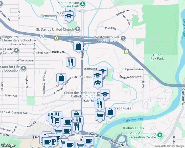 map of restaurants, bars, coffee shops, grocery stores, and more near 675 Burley Drive in West Vancouver
