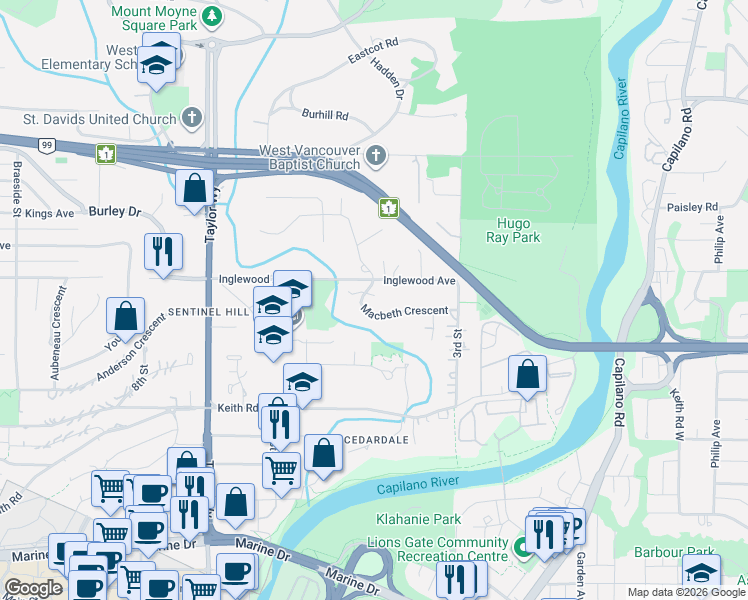map of restaurants, bars, coffee shops, grocery stores, and more near Macbeth Crescent in West Vancouver