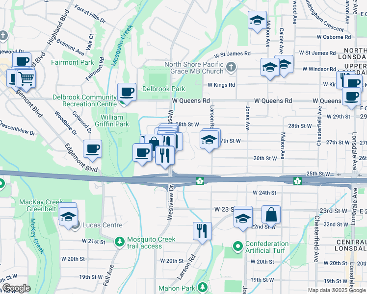 map of restaurants, bars, coffee shops, grocery stores, and more near in North Vancouver