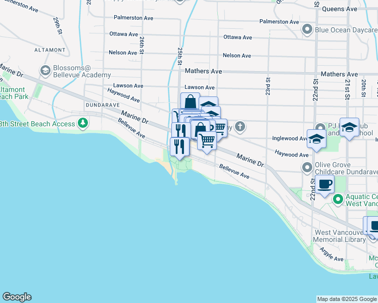 map of restaurants, bars, coffee shops, grocery stores, and more near 2471 Bellevue Avenue in West Vancouver