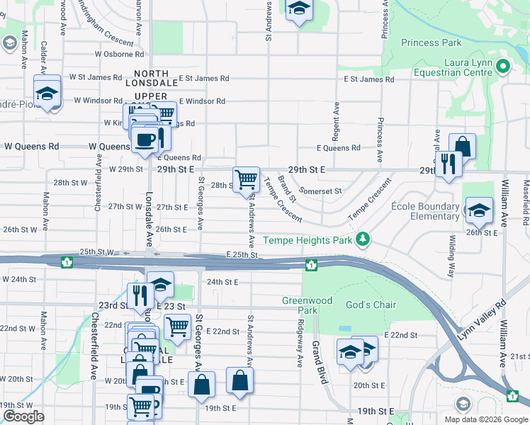 map of restaurants, bars, coffee shops, grocery stores, and more near 27 Street East in North Vancouver