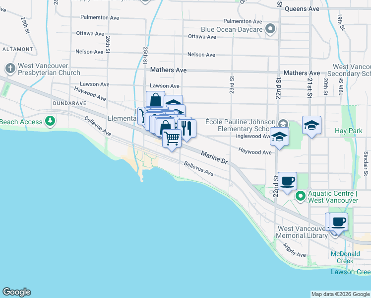 map of restaurants, bars, coffee shops, grocery stores, and more near 2388 Marine Drive in West Vancouver