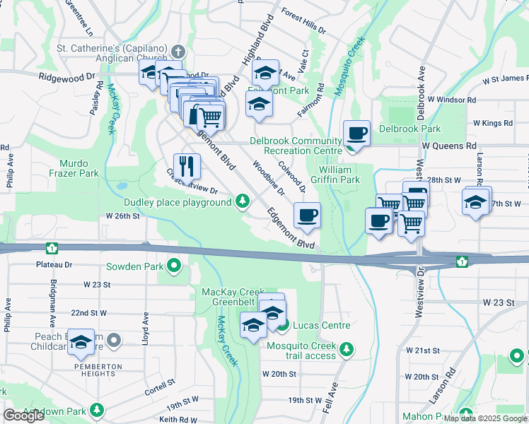 map of restaurants, bars, coffee shops, grocery stores, and more near 2645 Edgemont Boulevard in North Vancouver