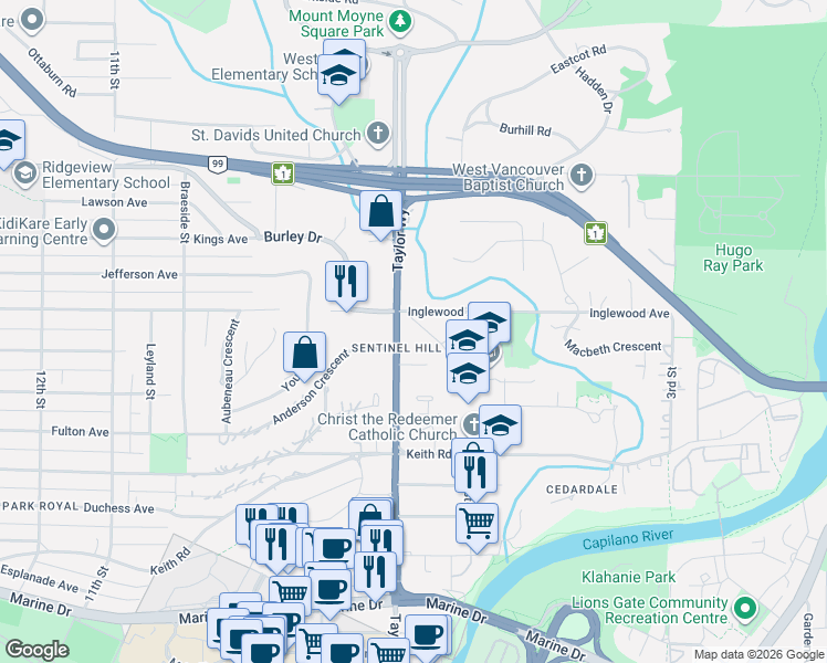 map of restaurants, bars, coffee shops, grocery stores, and more near 690 Burley Drive in West Vancouver