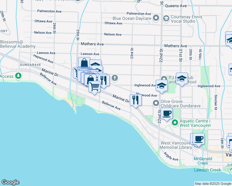 map of restaurants, bars, coffee shops, grocery stores, and more near 2349 Marine Drive in West Vancouver