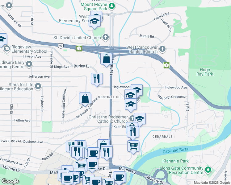 map of restaurants, bars, coffee shops, grocery stores, and more near 690 Burley Drive in West Vancouver