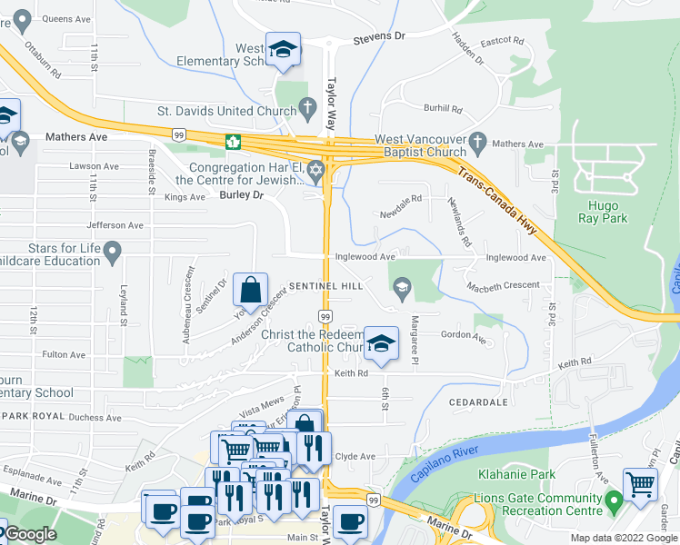 map of restaurants, bars, coffee shops, grocery stores, and more near 690 Burley Drive in West Vancouver