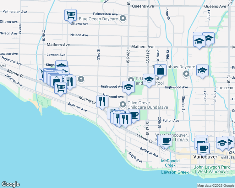 map of restaurants, bars, coffee shops, grocery stores, and more near 2227 Haywood Avenue in West Vancouver