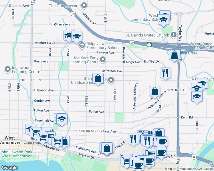 map of restaurants, bars, coffee shops, grocery stores, and more near 1050 11th Street in West Vancouver