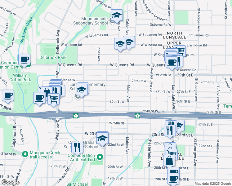 map of restaurants, bars, coffee shops, grocery stores, and more near 335 27th Street West in North Vancouver