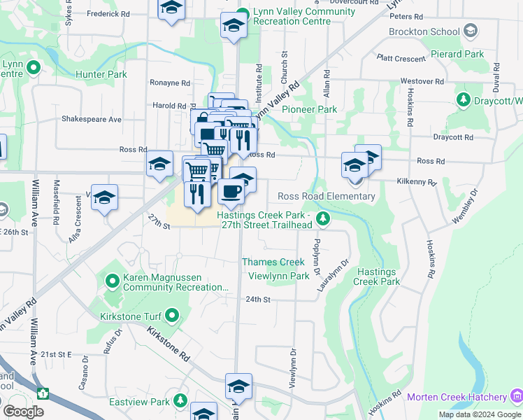 map of restaurants, bars, coffee shops, grocery stores, and more near 2763 Crestlynn Drive in North Vancouver
