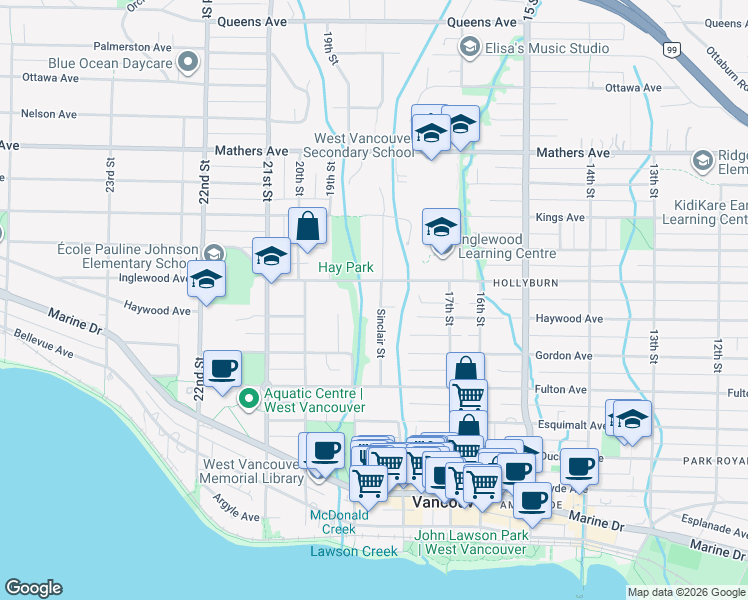 map of restaurants, bars, coffee shops, grocery stores, and more near 1045 Sinclair Street in West Vancouver