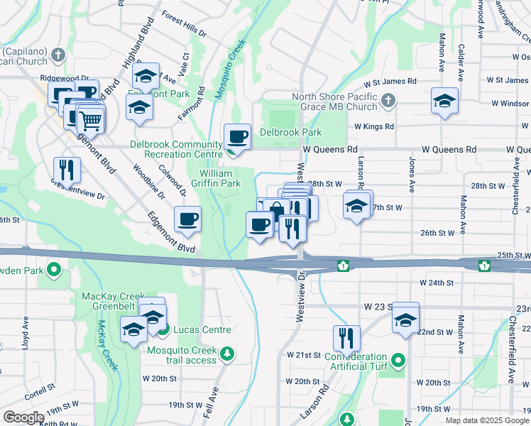 map of restaurants, bars, coffee shops, grocery stores, and more near 829 Westview Crescent in North Vancouver