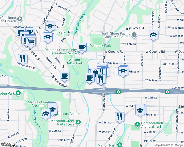 map of restaurants, bars, coffee shops, grocery stores, and more near 815 Westview Crescent in North Vancouver