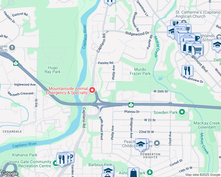 map of restaurants, bars, coffee shops, grocery stores, and more near 1420 Terrace Avenue in North Vancouver