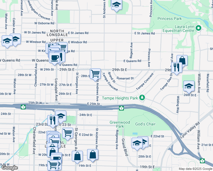 map of restaurants, bars, coffee shops, grocery stores, and more near in North Vancouver