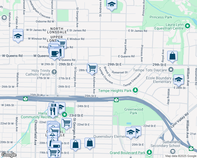map of restaurants, bars, coffee shops, grocery stores, and more near 312 E 27 St in North Vancouver