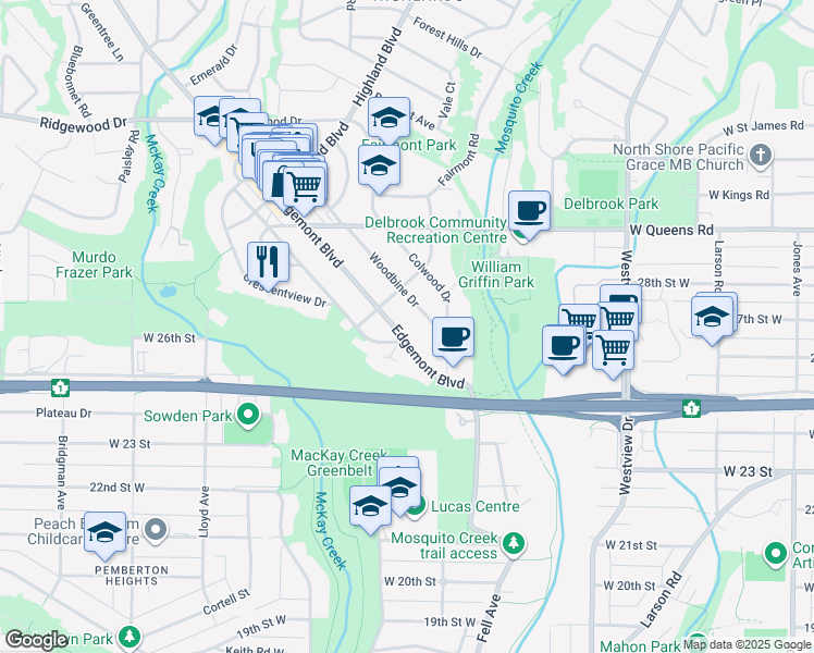 map of restaurants, bars, coffee shops, grocery stores, and more near 2622 Edgemont Boulevard in North Vancouver