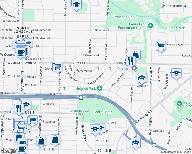 map of restaurants, bars, coffee shops, grocery stores, and more near 506 Tempe Crescent in North Vancouver