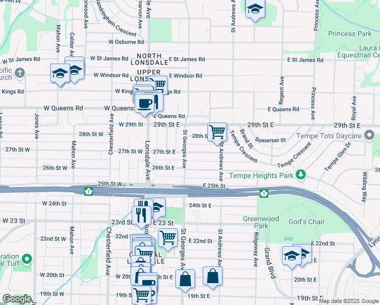 map of restaurants, bars, coffee shops, grocery stores, and more near 206 E 27 St in North Vancouver