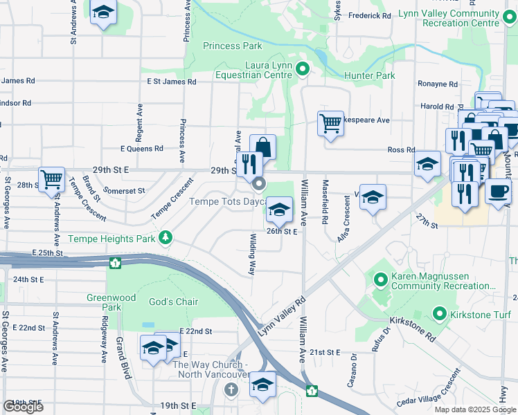 map of restaurants, bars, coffee shops, grocery stores, and more near 2848 Munday Place in North Vancouver