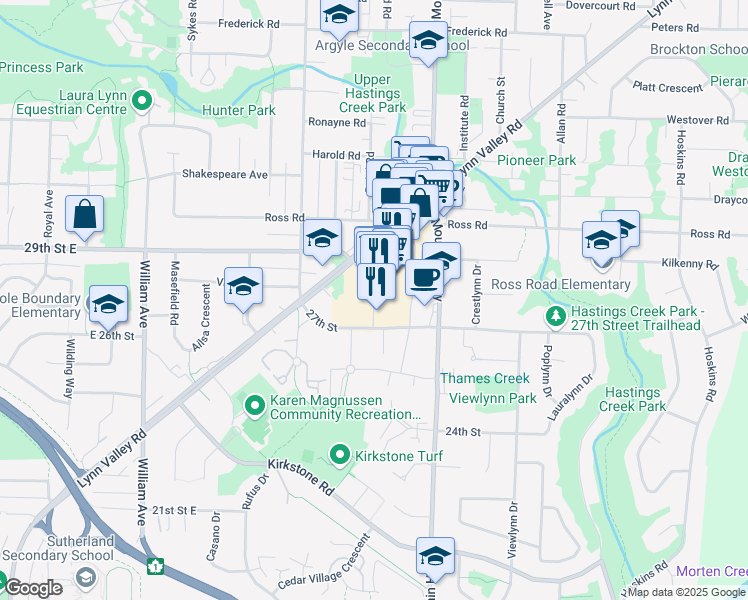 map of restaurants, bars, coffee shops, grocery stores, and more near 2780 Valley Centre Avenue in North Vancouver