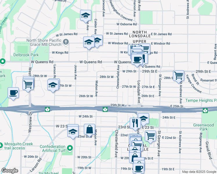 map of restaurants, bars, coffee shops, grocery stores, and more near 229 27th Street West in North Vancouver